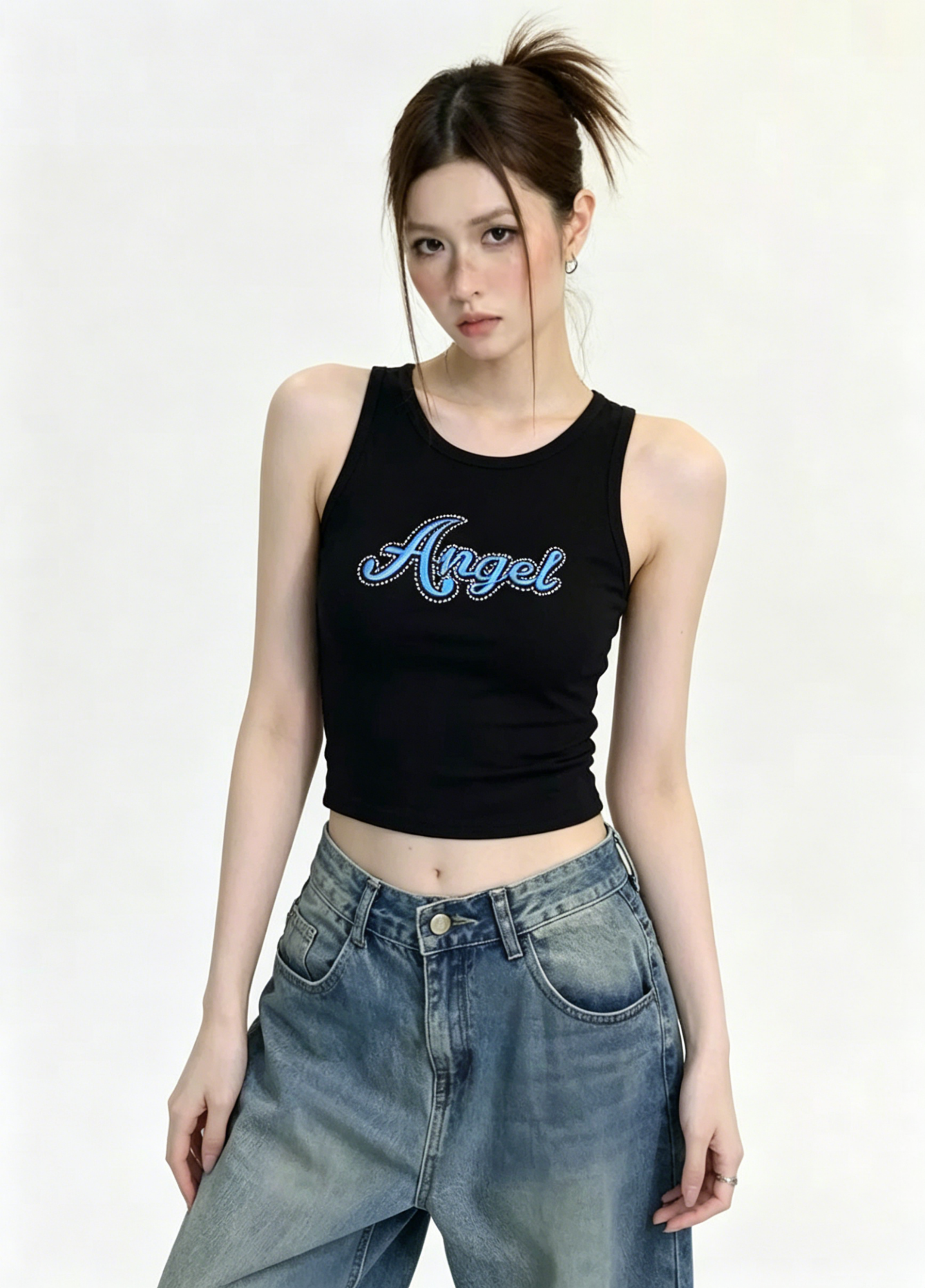 Black "Angel" Rhinestone Crop Tank Top - Y2K Sleeveless Ribbed Slim Fit Camisole for Women