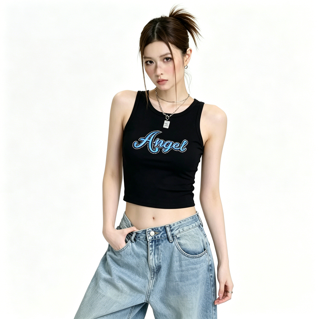 Black "Angel" Rhinestone Crop Tank Top - Y2K Sleeveless Ribbed Slim Fit Camisole for Women
